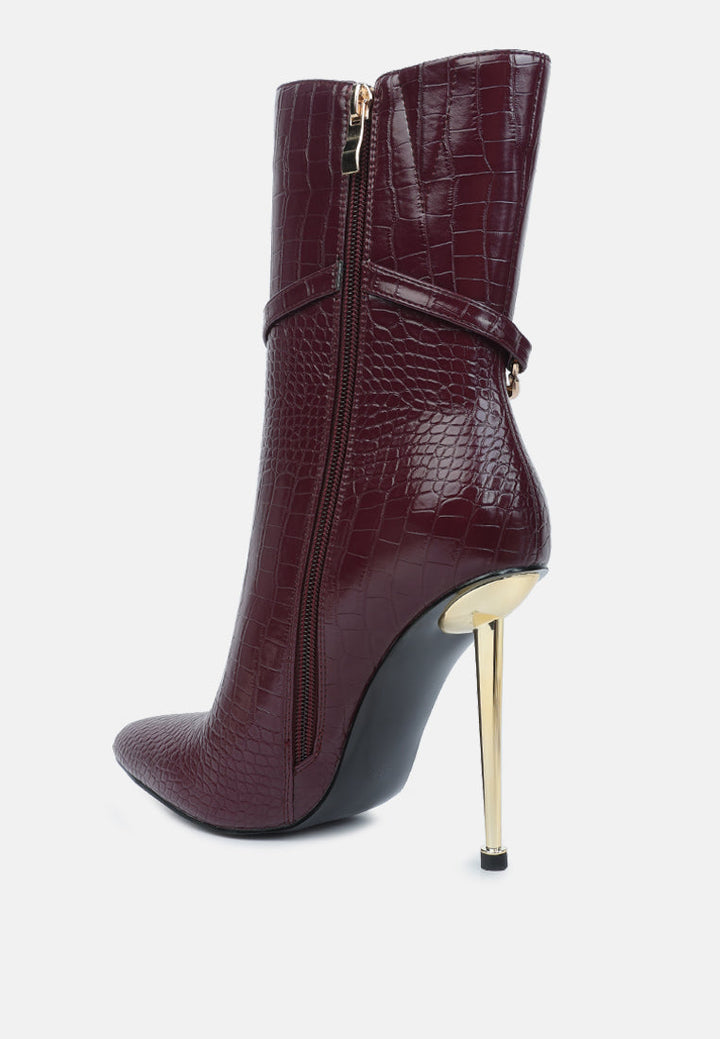 nicole croc patterned high heeled ankle boots by ruw#color_burgundy