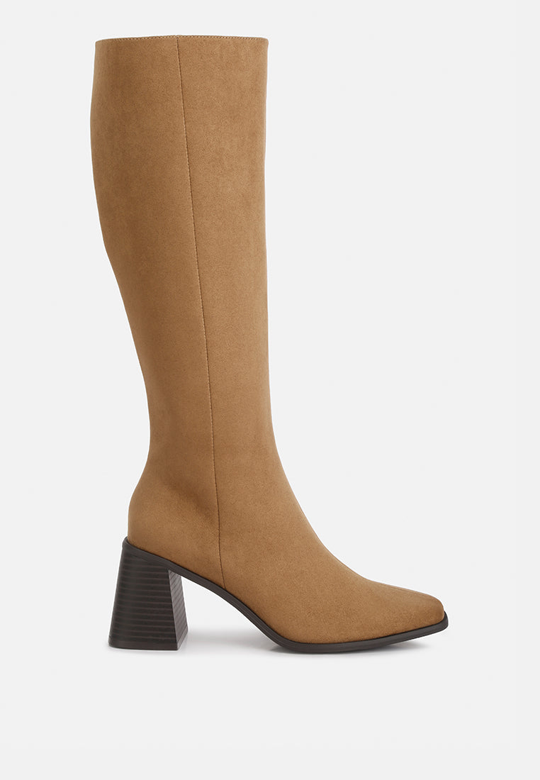 paytin faux leather block heel calf length boots by ruw#color_taupe