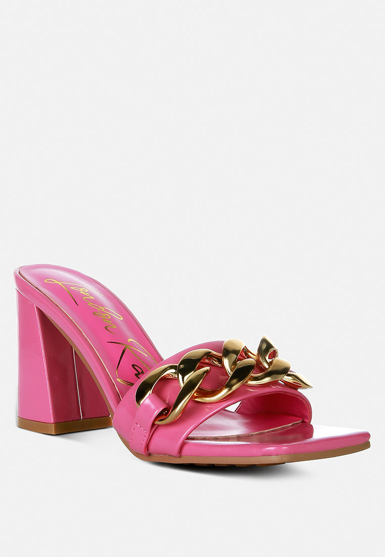 playdoll block heel sandal with metal chain detail by ruw#color_pink