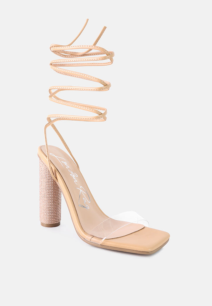 scansta lace up rhinestone embellished heel sandals by ruw#color_latte