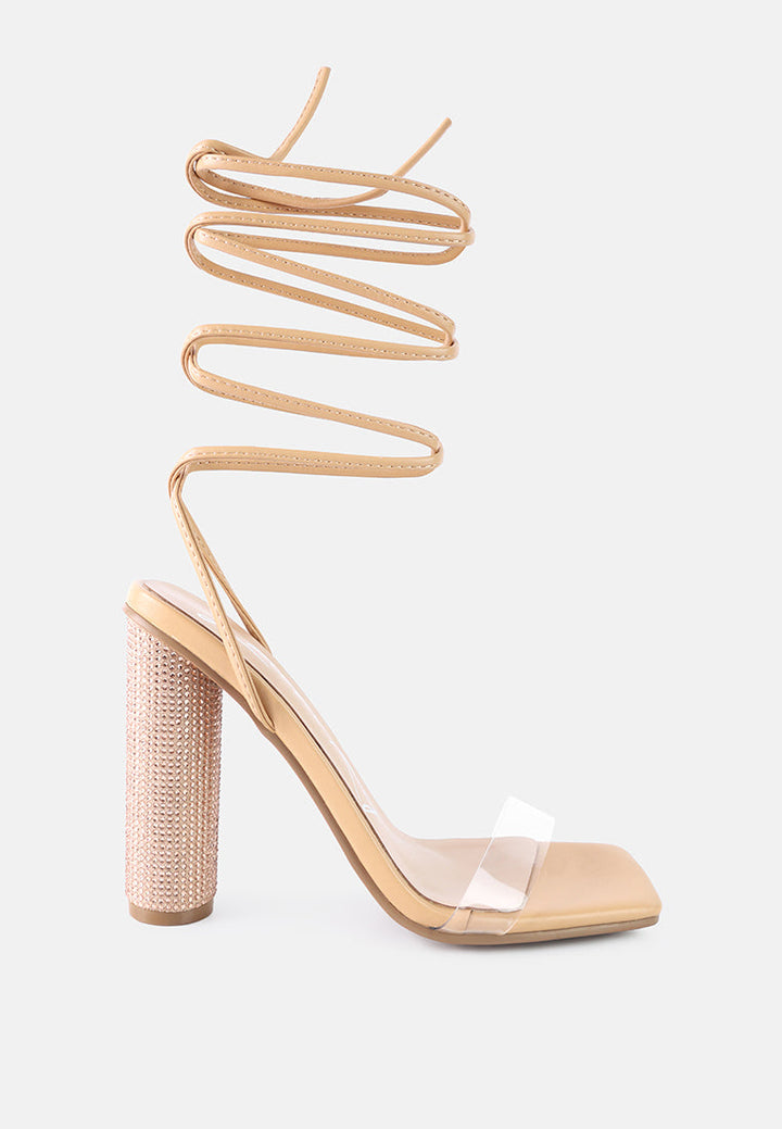 scansta lace up rhinestone embellished heel sandals by ruw#color_latte