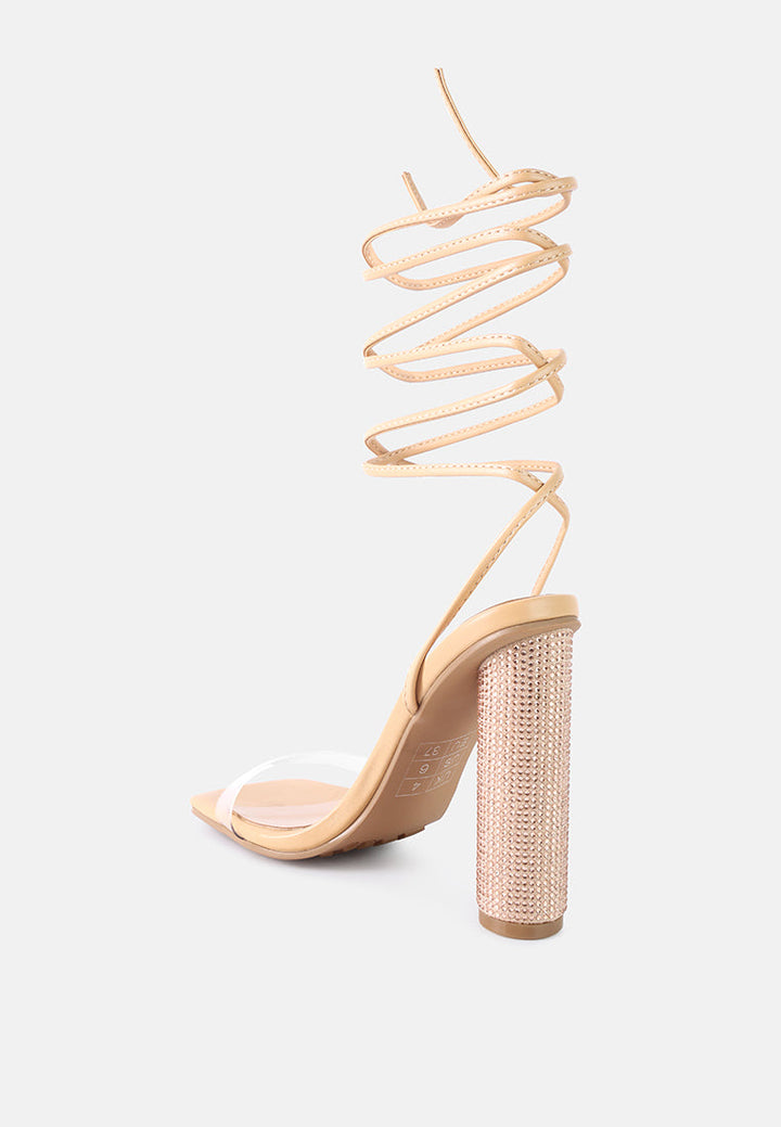 scansta lace up rhinestone embellished heel sandals by ruw#color_latte
