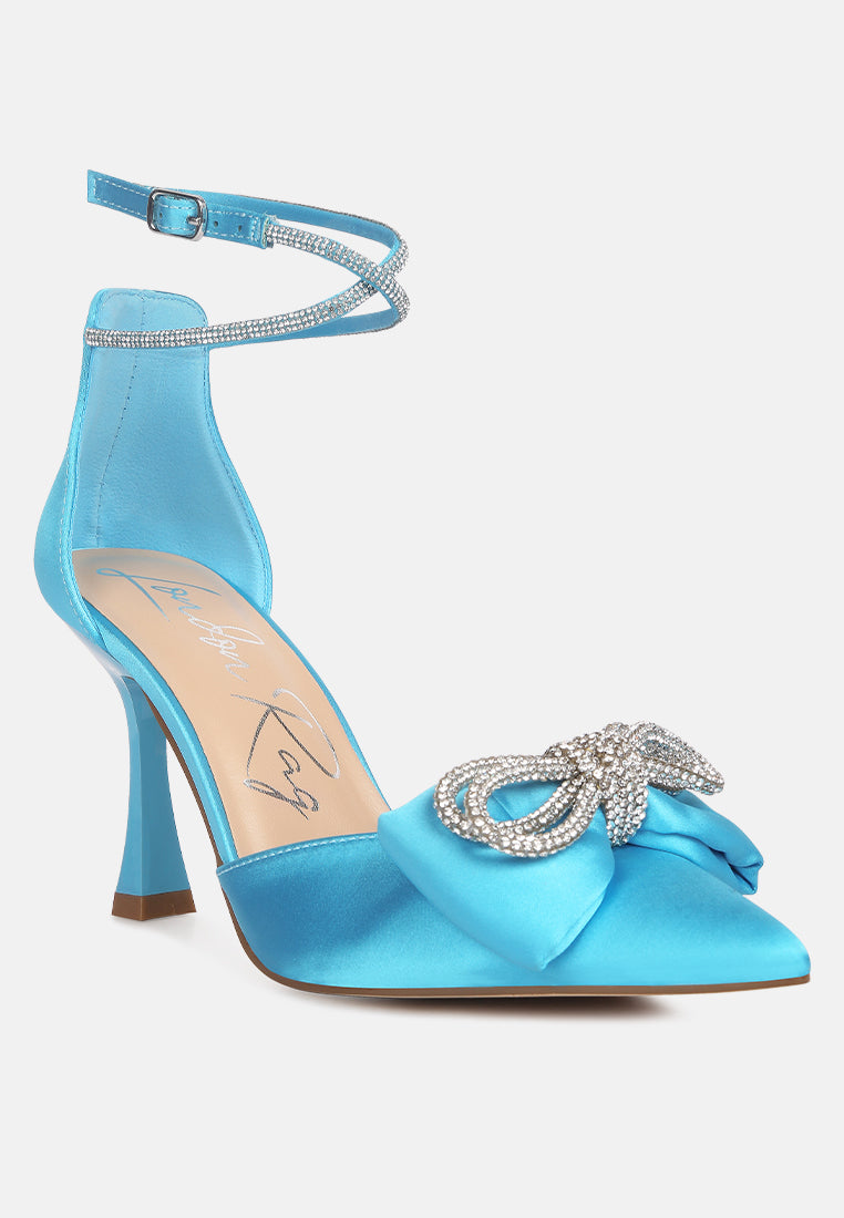 shoeverse satin stiletto heels with embellished bow by ruw#color_blue