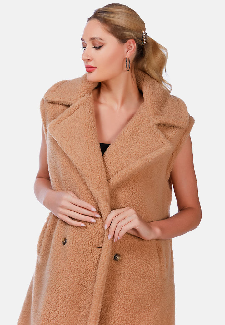 sleeveless double breasted teddy coat by ruw#color_camel