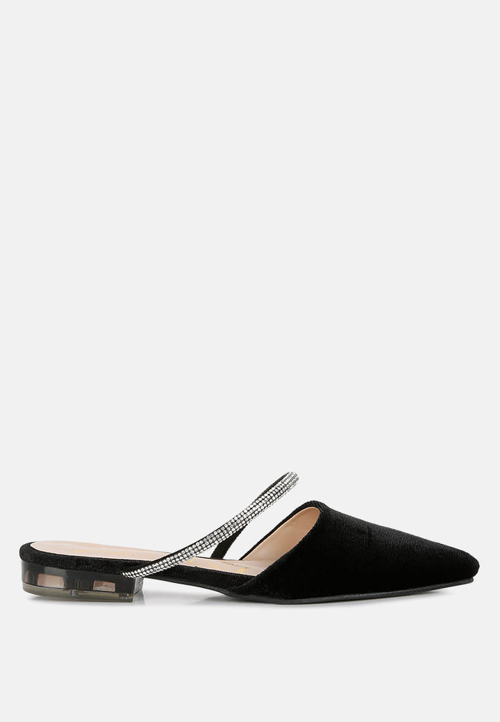 turnon velvet diamante detail flat mules by ruw#color_black