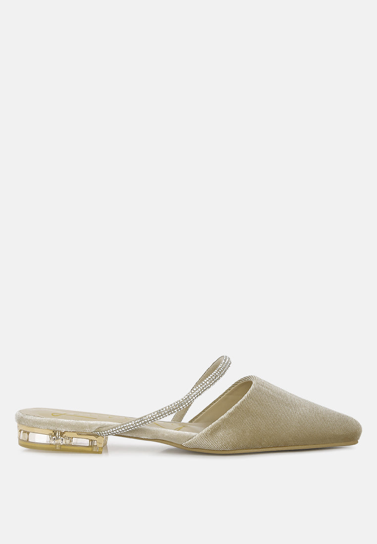 turnon velvet diamante detail flat mules by ruw#color_khaki