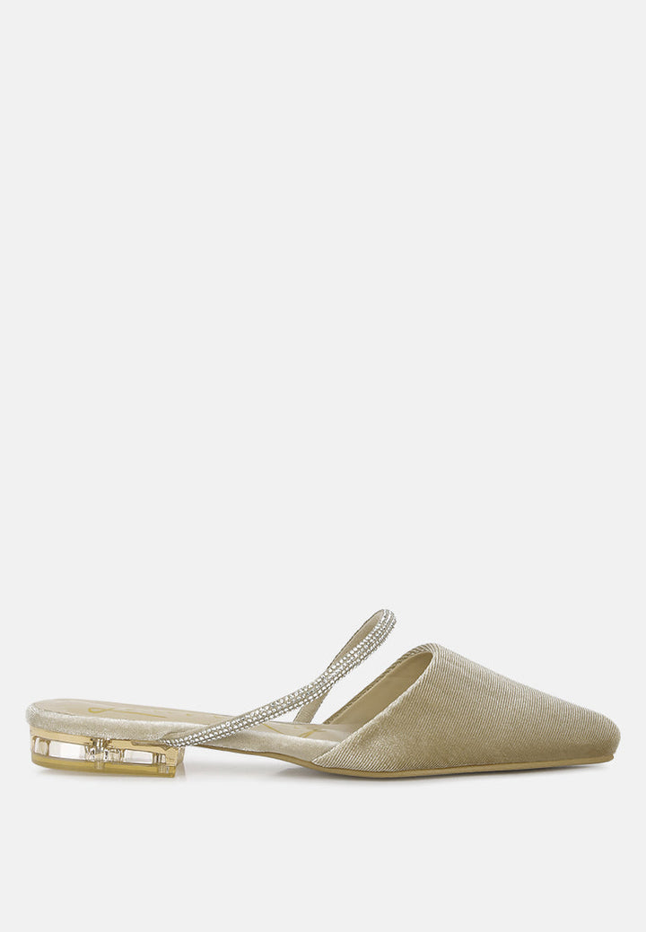 turnon velvet diamante detail flat mules by ruw#color_khaki