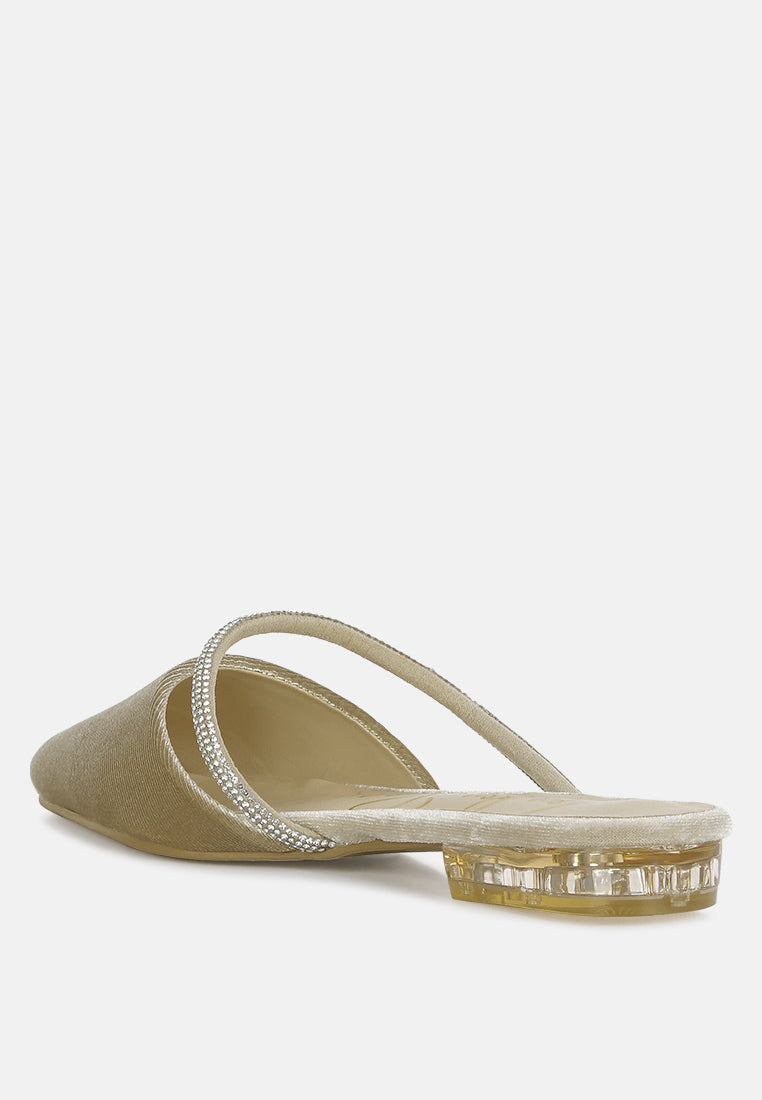turnon velvet diamante detail flat mules by ruw#color_khaki