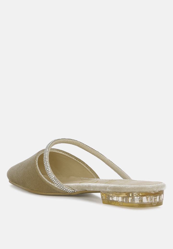 turnon velvet diamante detail flat mules by ruw#color_khaki