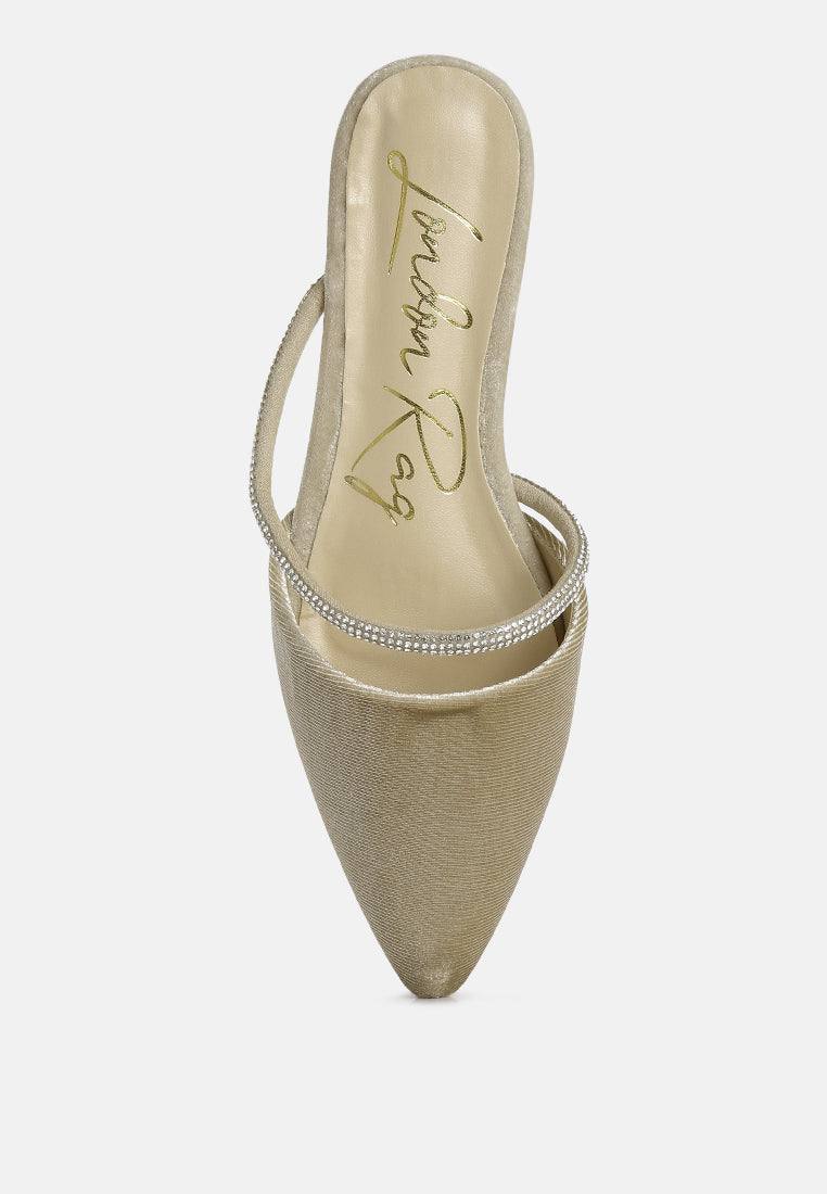 turnon velvet diamante detail flat mules by ruw#color_khaki