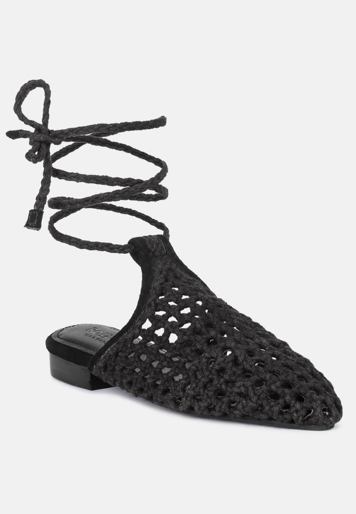 tutsi handwoven honeycomb cotton tie up mules flats by ruw#color_black