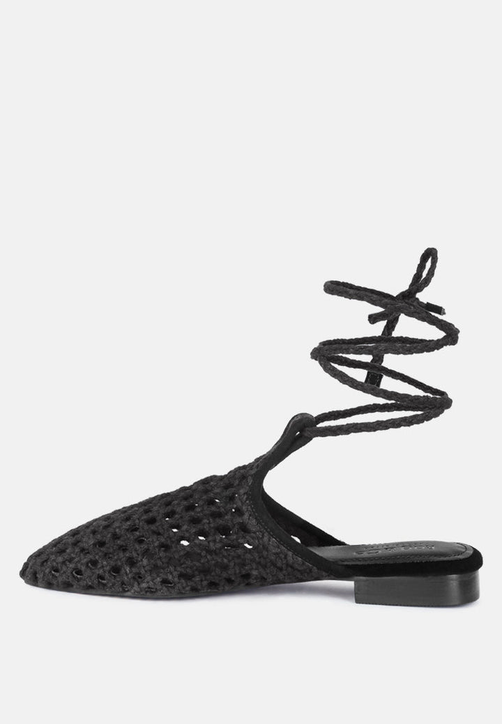 tutsi handwoven honeycomb cotton tie up mules flats by ruw#color_black
