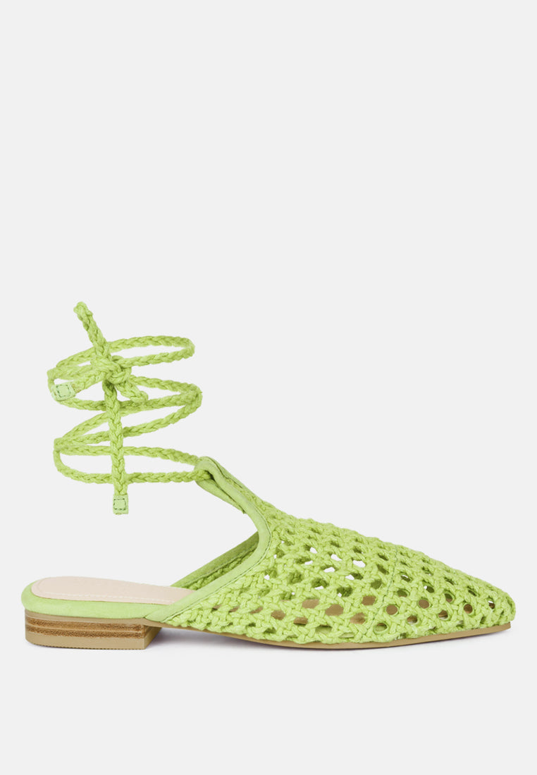 tutsi handwoven honeycomb cotton tie up mules flats by ruw#color_green
