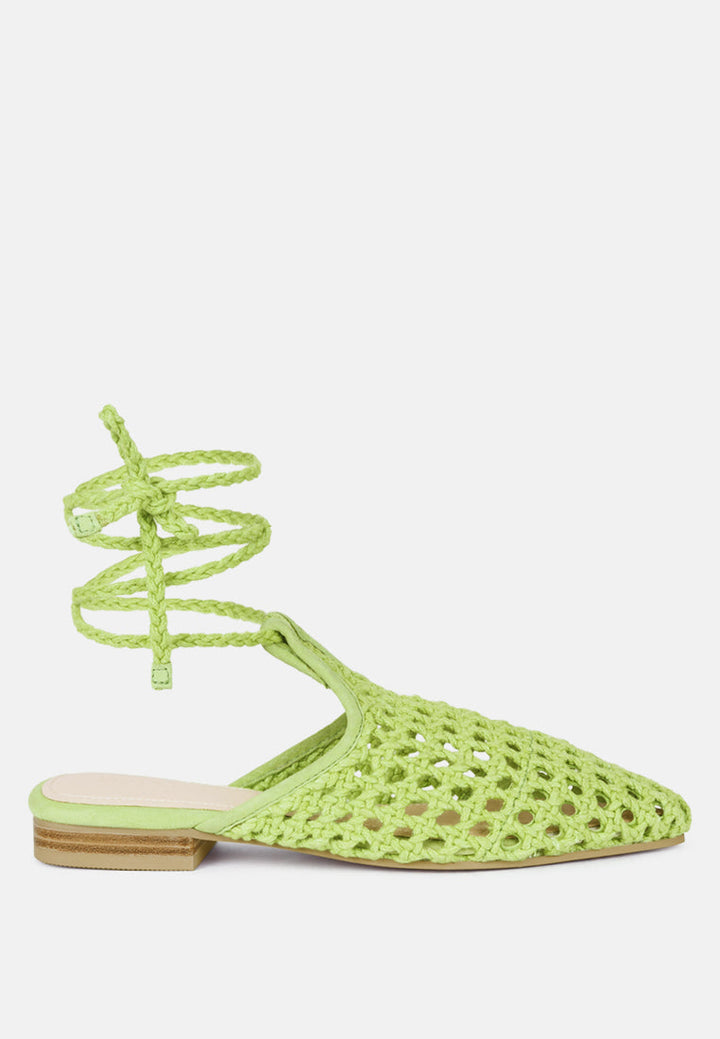 tutsi handwoven honeycomb cotton tie up mules flats by ruw#color_green