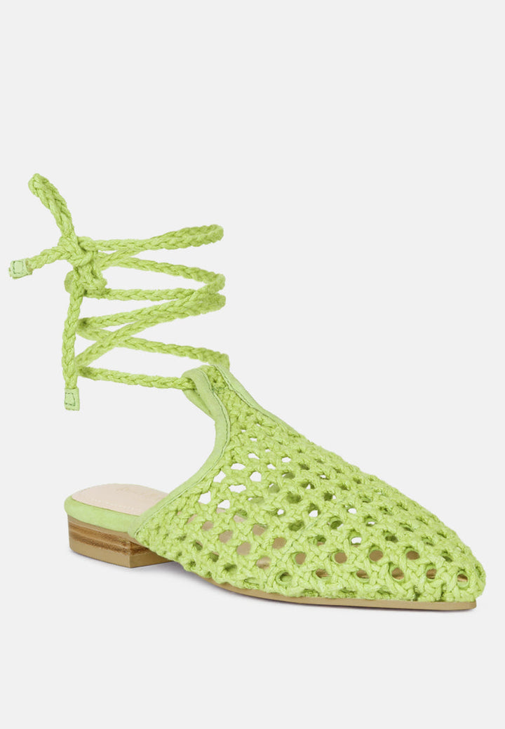 tutsi handwoven honeycomb cotton tie up mules flats by ruw#color_green