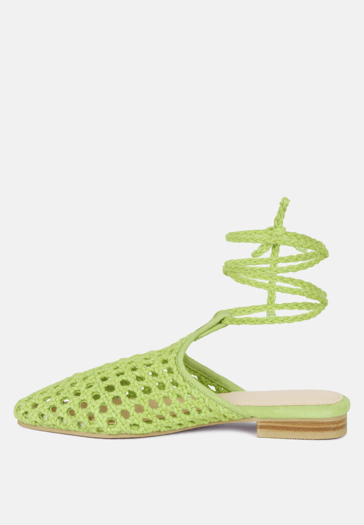 tutsi handwoven honeycomb cotton tie up mules flats by ruw#color_green
