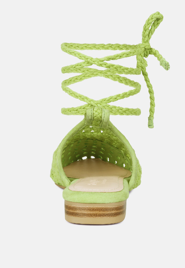 tutsi handwoven honeycomb cotton tie up mules flats by ruw#color_green