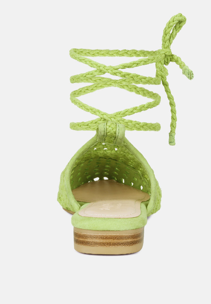 tutsi handwoven honeycomb cotton tie up mules flats by ruw#color_green