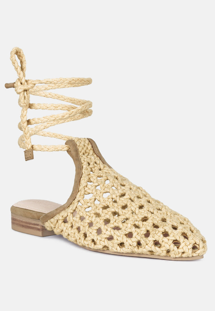 tutsi handwoven honeycomb cotton tie up mules flats by ruw#color_nude