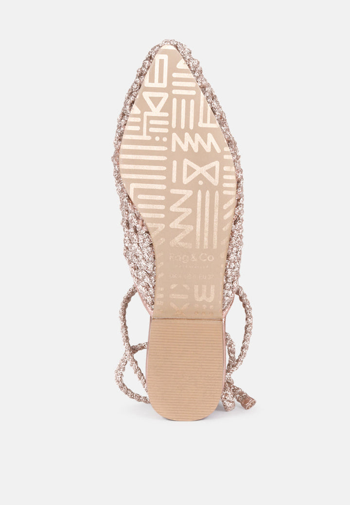 tutsi handwoven honeycomb cotton tie up mules flats by ruw#color_rose-gold