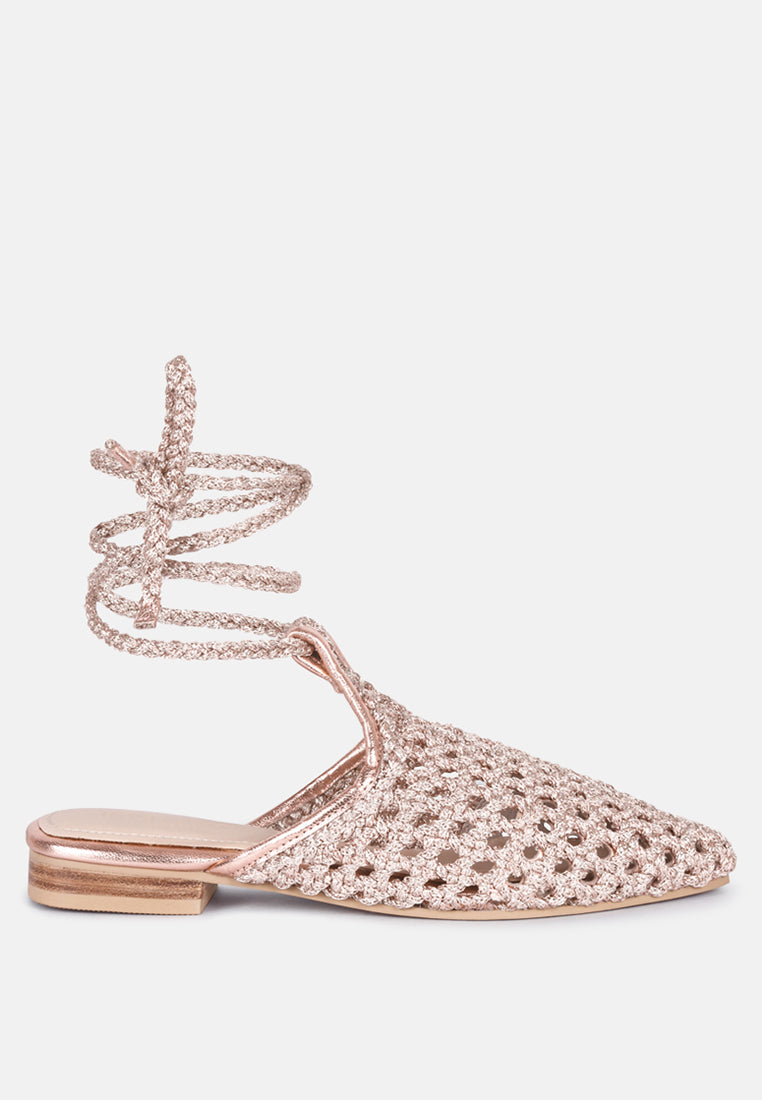 tutsi handwoven honeycomb cotton tie up mules flats by ruw#color_rose-gold