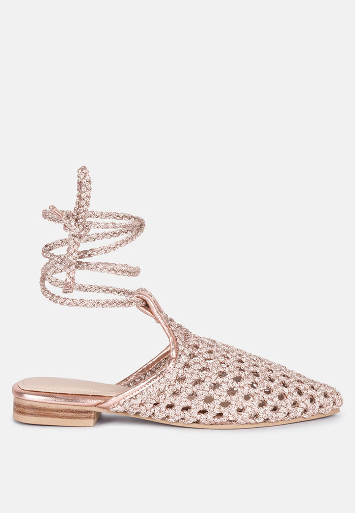 tutsi handwoven honeycomb cotton tie up mules flats by ruw#color_rose-gold