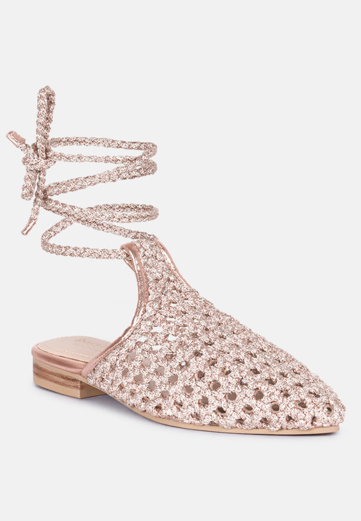 tutsi handwoven honeycomb cotton tie up mules flats by ruw#color_rose-gold