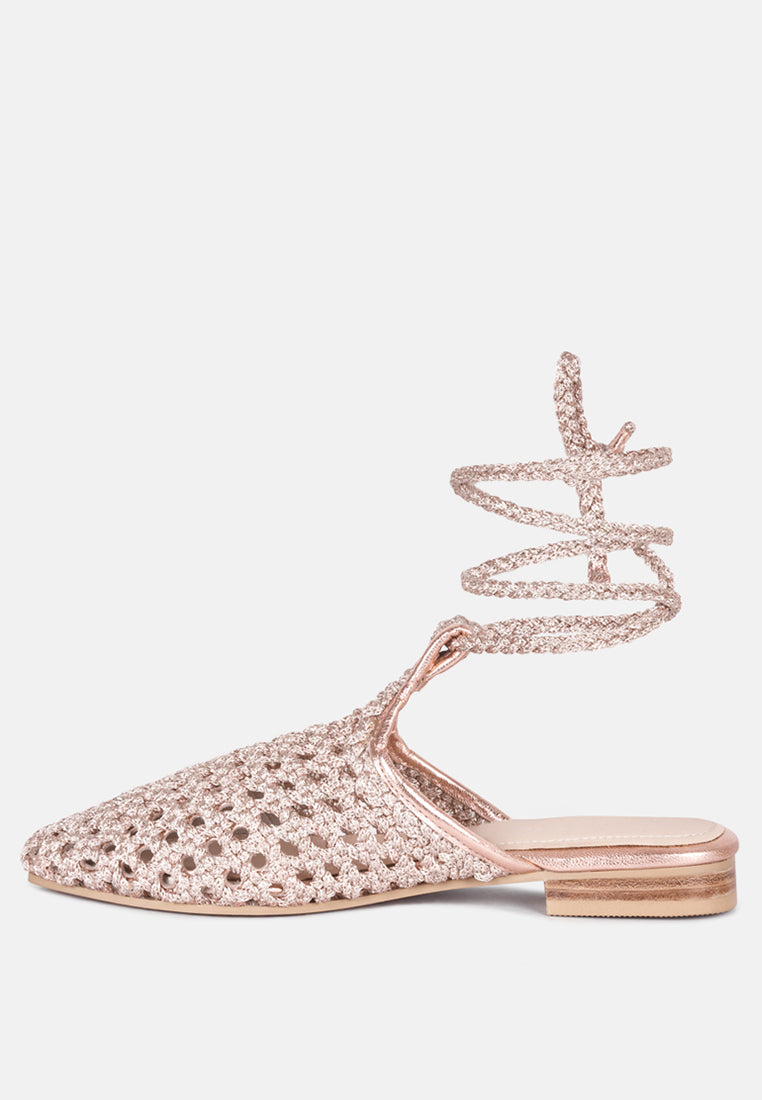 tutsi handwoven honeycomb cotton tie up mules flats by ruw#color_rose-gold