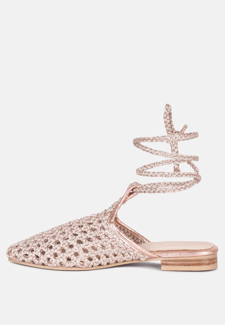 tutsi handwoven honeycomb cotton tie up mules flats by ruw#color_rose-gold