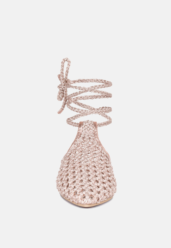 tutsi handwoven honeycomb cotton tie up mules flats by ruw#color_rose-gold
