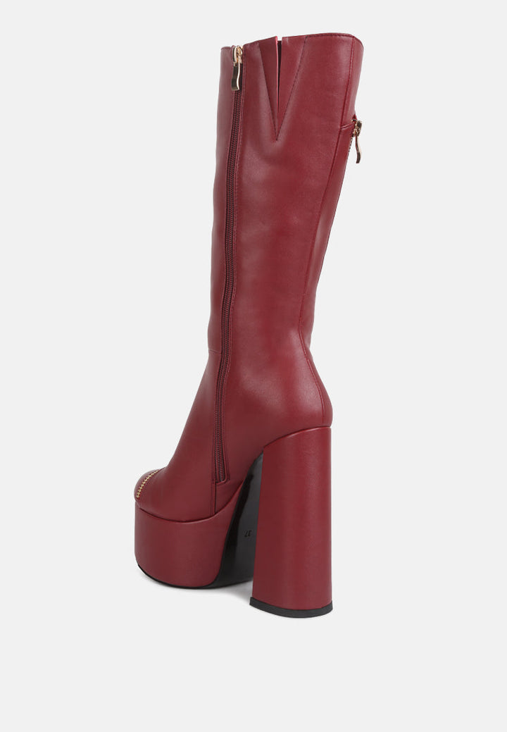 tzar faux leather high heeled platfrom calf boots by ruw#color_burgundy