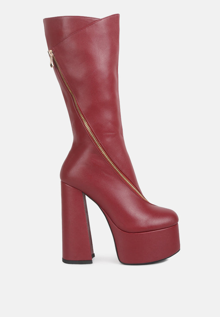 tzar faux leather high heeled platfrom calf boots by ruw#color_burgundy