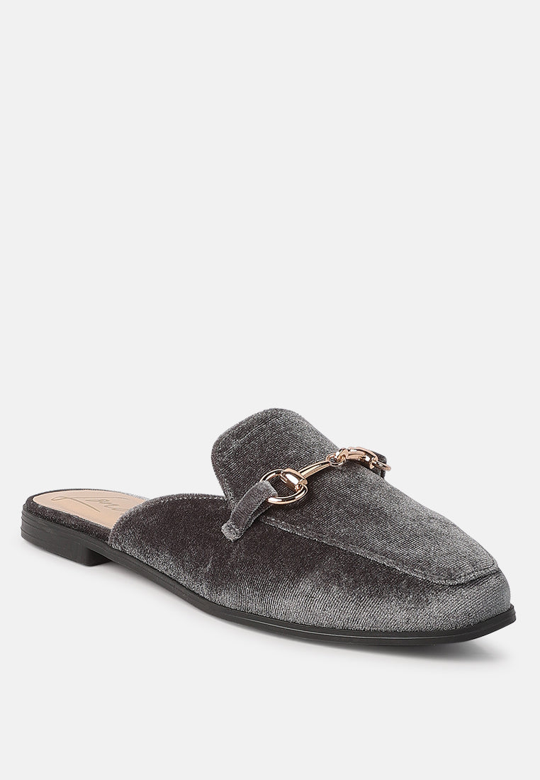 velvet buckled flat mules by ruw#color_grey-velvet