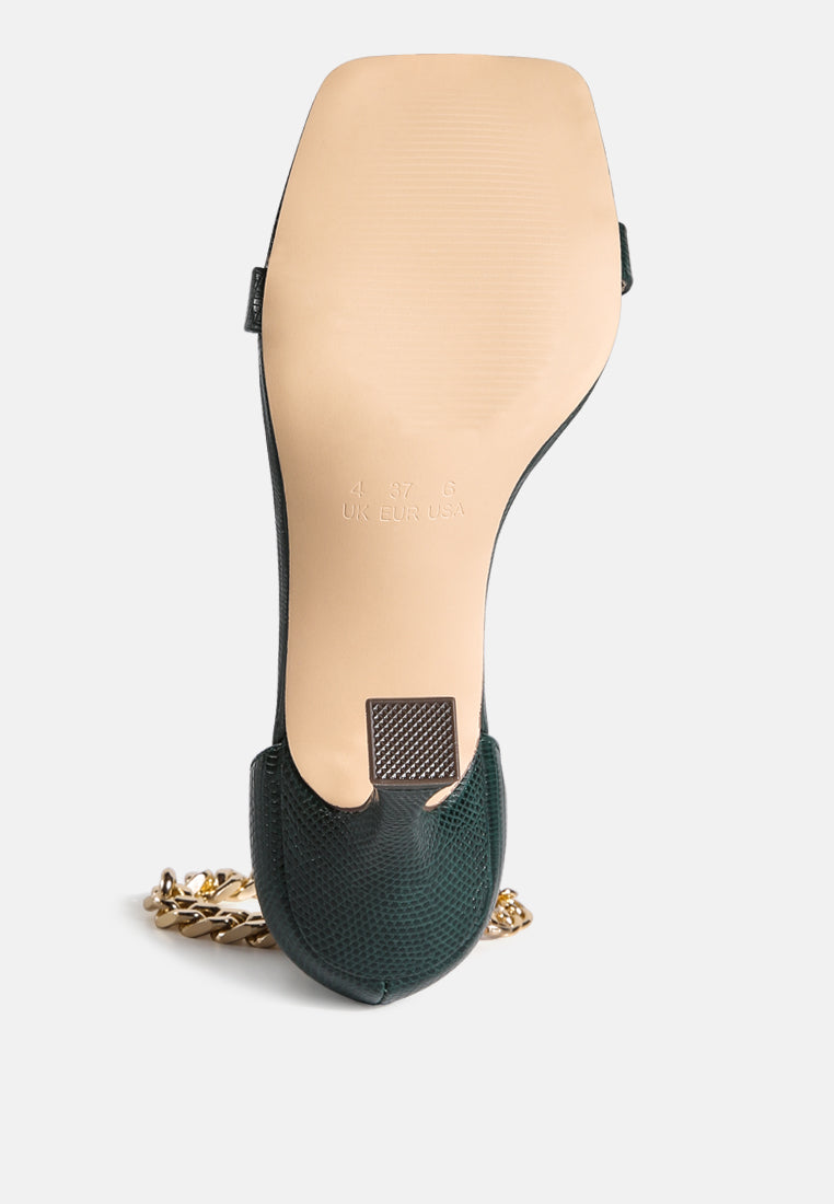 venusta metallic chain detail spool heel sandals by ruw#color_green