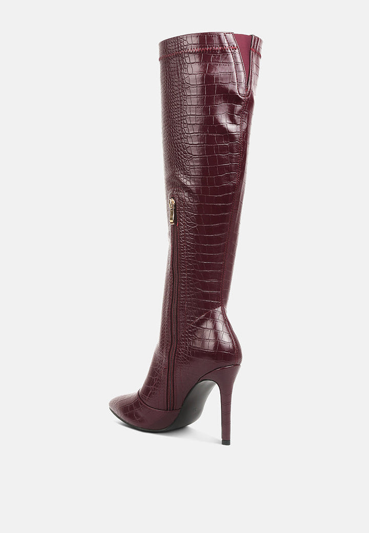 wheedle croc high heeled calf boots by ruw#color_burgundy