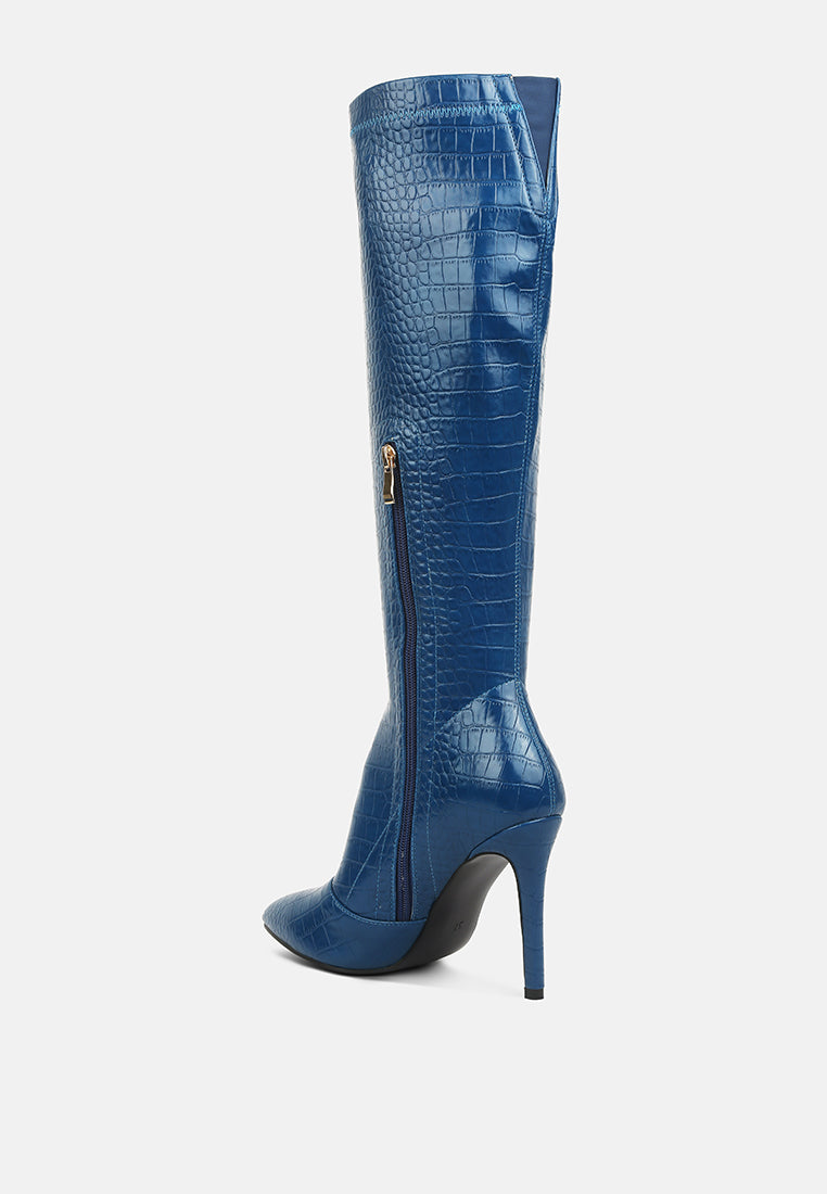 wheedle croc high heeled calf boots by ruw#color_navy